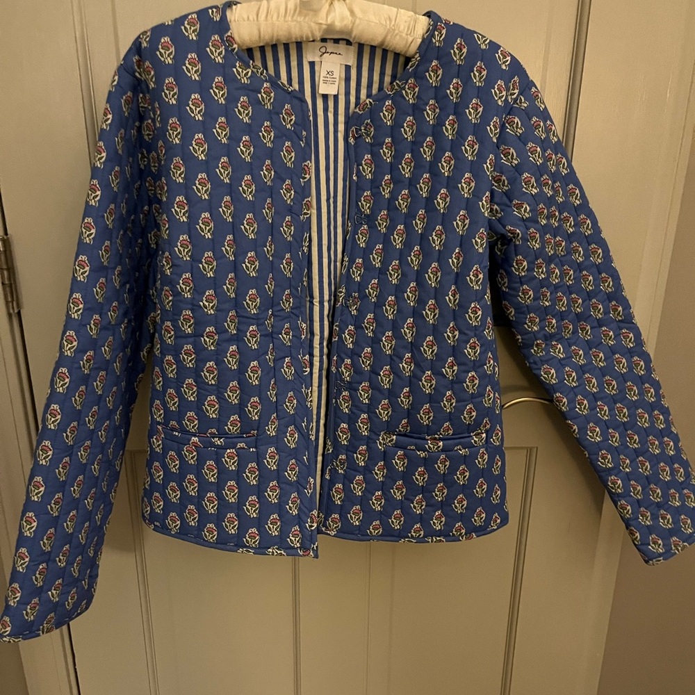 Blue Floral Quilted Jacket with Pockets